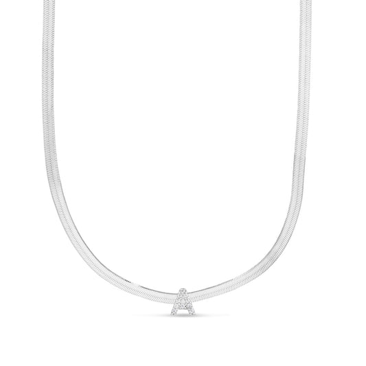 CZ Initial A Pendant on Herringbone Chain in Sterling Silver