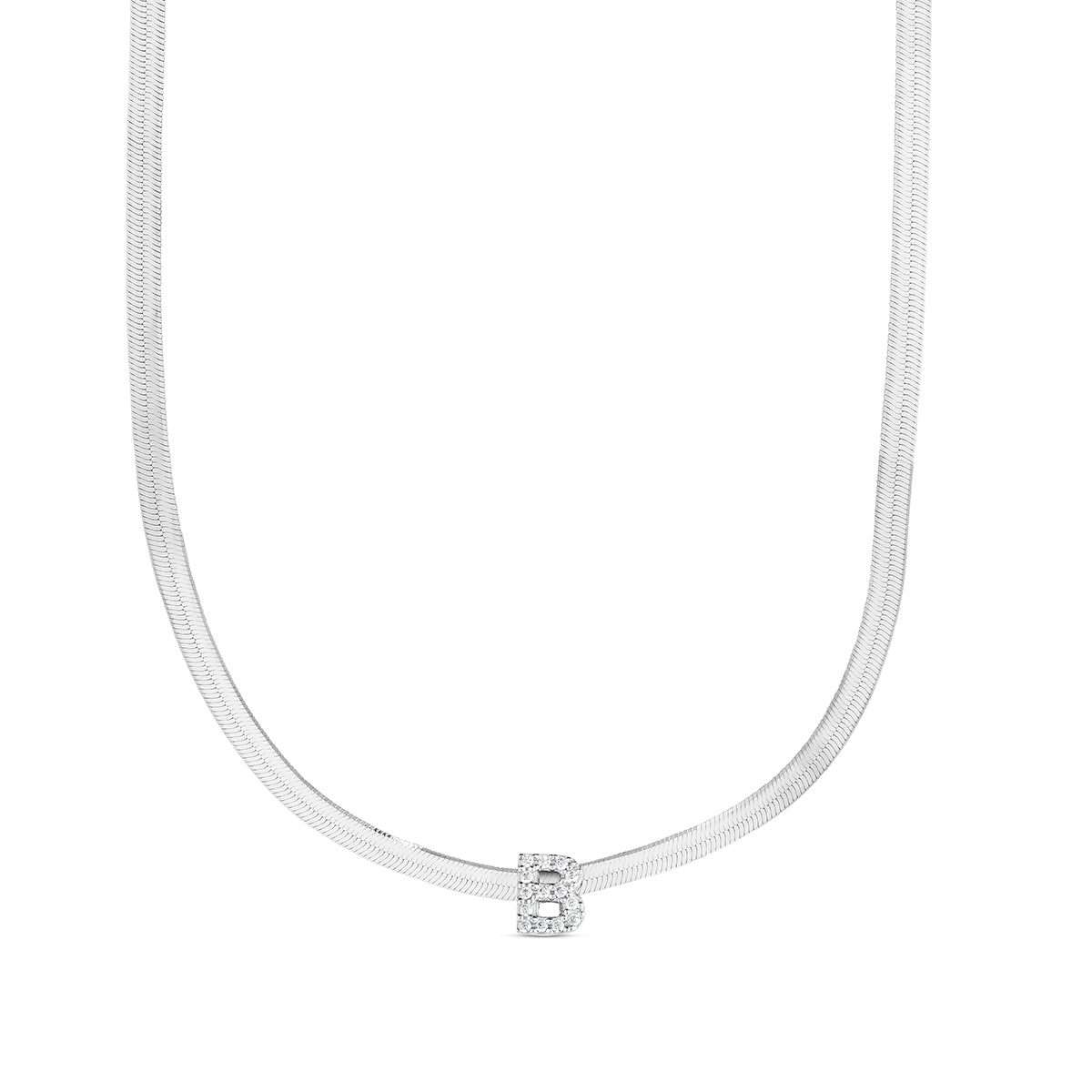 CZ Initial B Pendant on Herringbone Chain in Sterling Silver