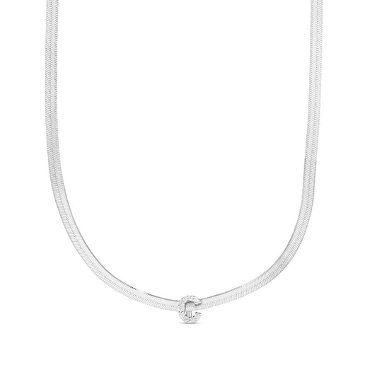 CZ Initial C Pendant on Herringbone Chain in Sterling Silver