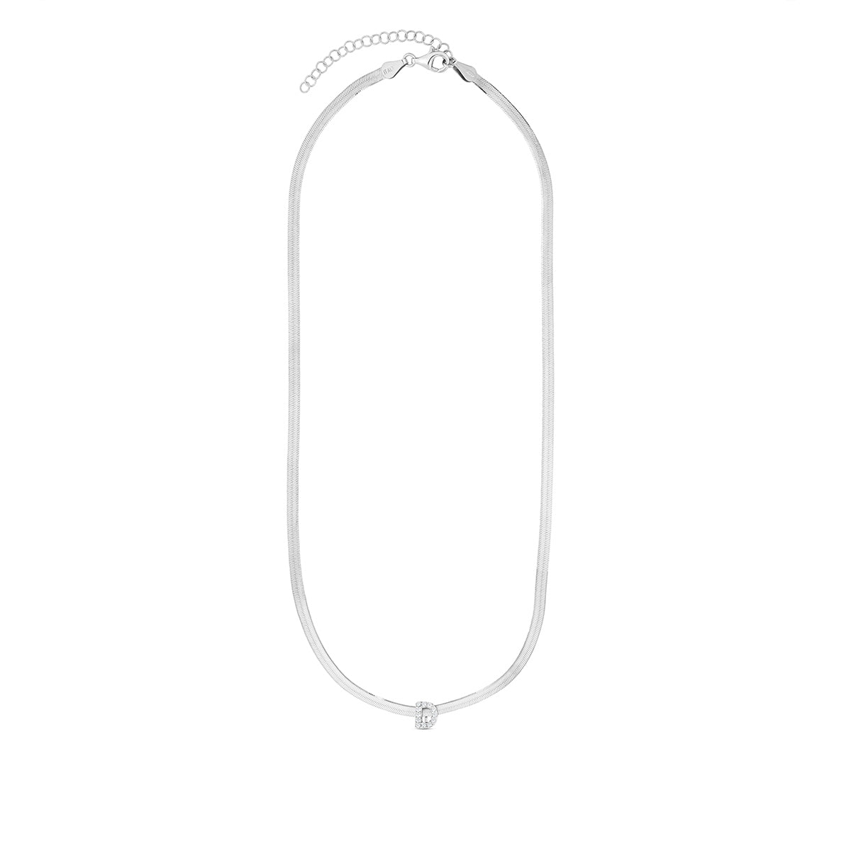 CZ Initial D Pendant on Herringbone Chain in Sterling Silver front view