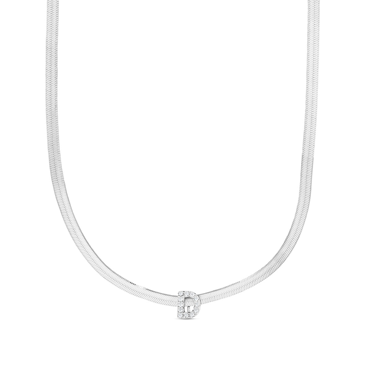 CZ Initial D Pendant on Herringbone Chain in Sterling Silver