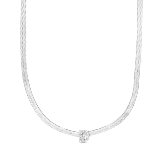 CZ Initial D Pendant on Herringbone Chain in Sterling Silver