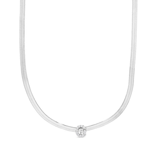 CZ Initial G Pendant on Herringbone Chain in Sterling Silver