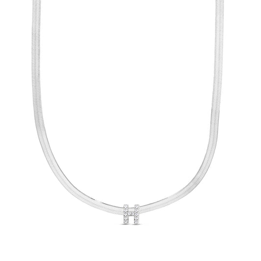 CZ Initial H Pendant on Herringbone Chain in Sterling Silver