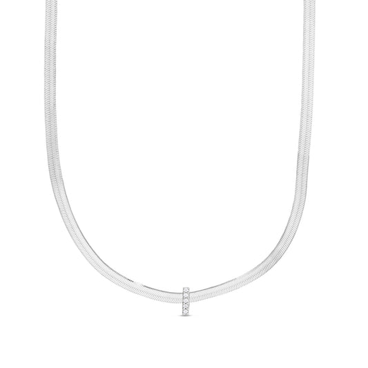 CZ Initial I Pendant on Herringbone Chain in Sterling Silver
