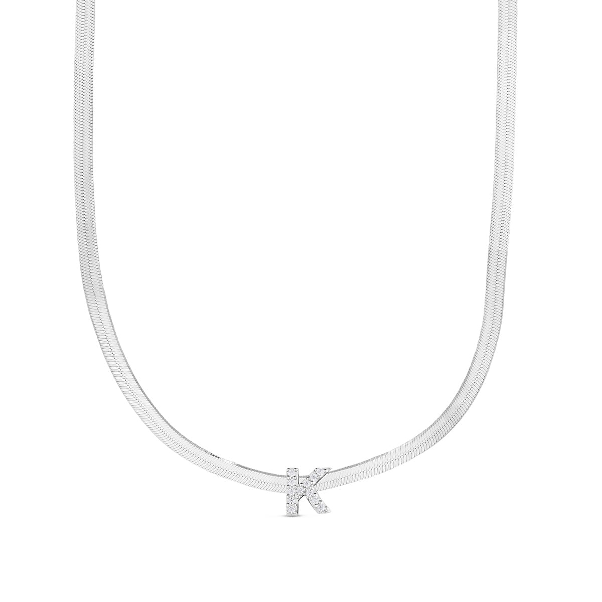 CZ Initial K Pendant on Herringbone Chain in Sterling Silver