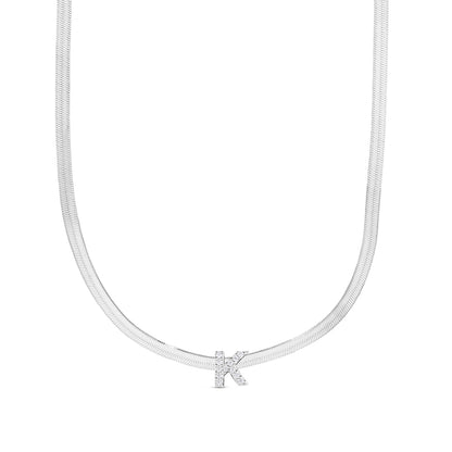 CZ Initial K Pendant on Herringbone Chain in Sterling Silver