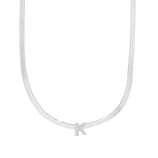 CZ Initial K Pendant on Herringbone Chain in Sterling Silver