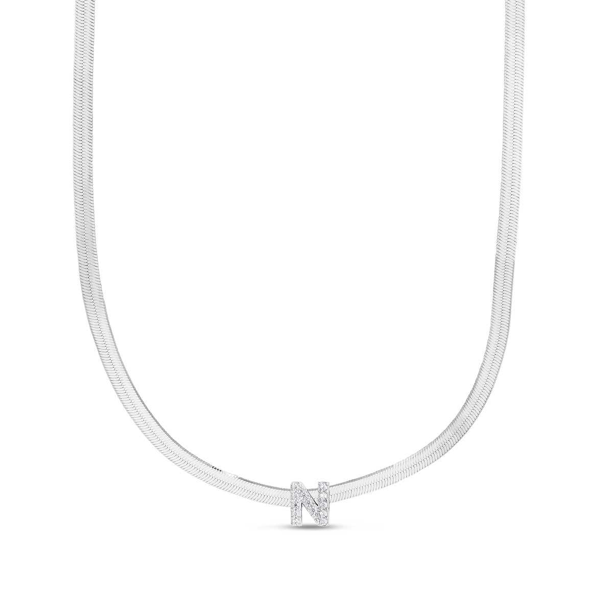 CZ Initial N Pendant on Herringbone Chain in Sterling Silver