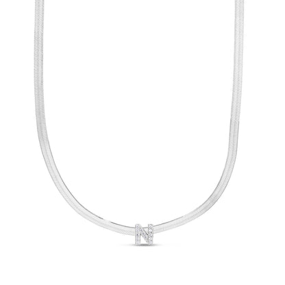 CZ Initial N Pendant on Herringbone Chain in Sterling Silver