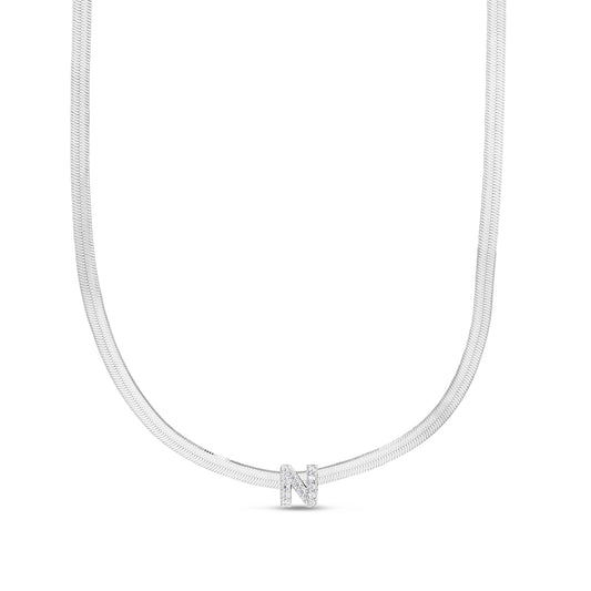 CZ Initial N Pendant on Herringbone Chain in Sterling Silver
