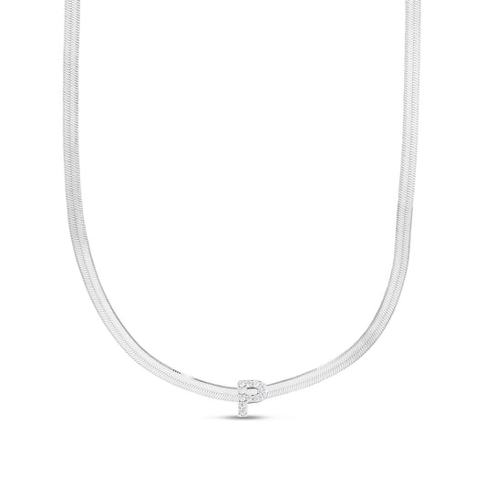 CZ Initial P Pendant on Herringbone Chain in Sterling Silver