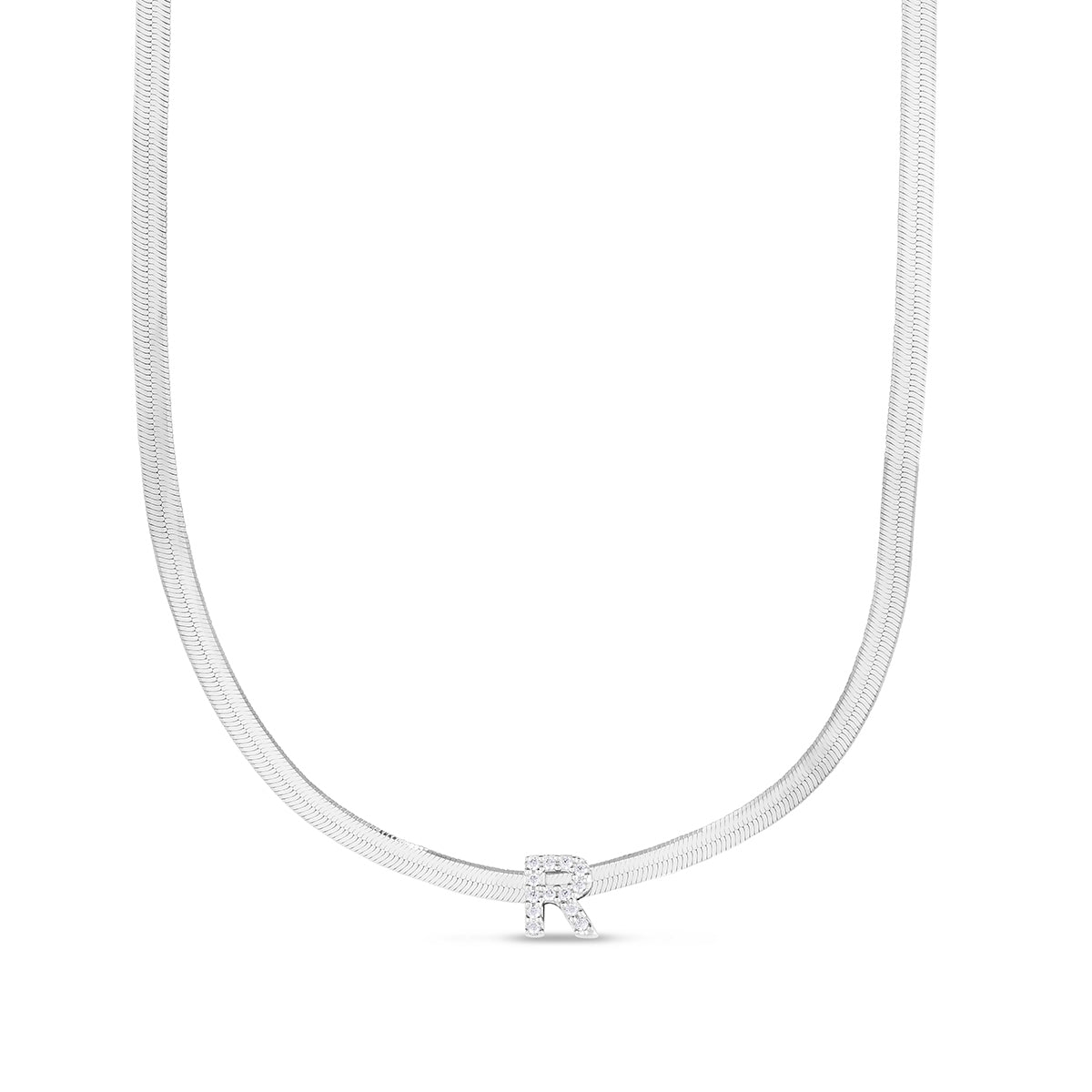CZ Initial R Pendant on Herringbone Chain in Sterling Silver