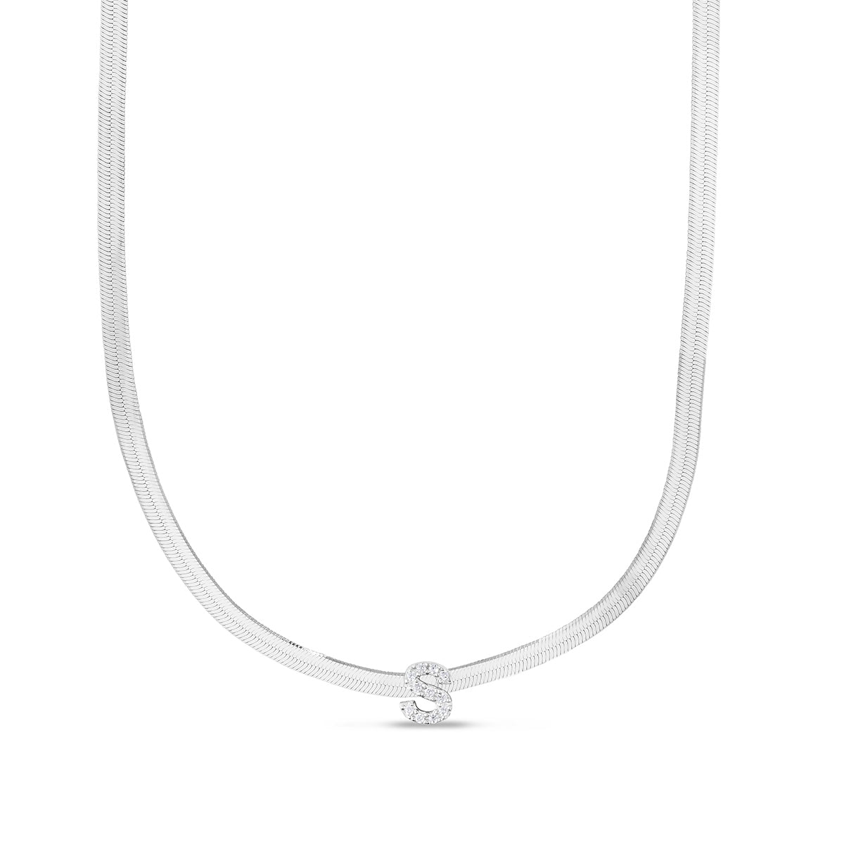 CZ Initial S Pendant on Herringbone Chain in Sterling Silver