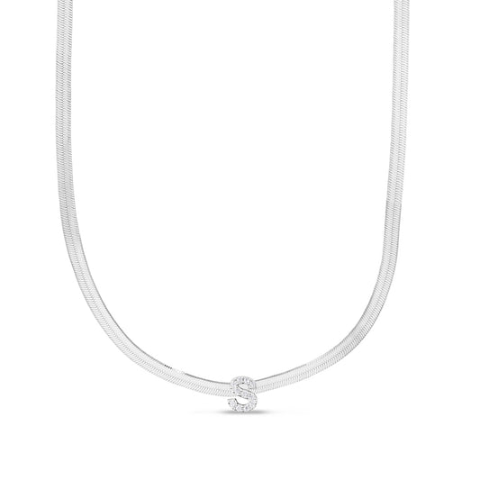 CZ Initial S Pendant on Herringbone Chain in Sterling Silver