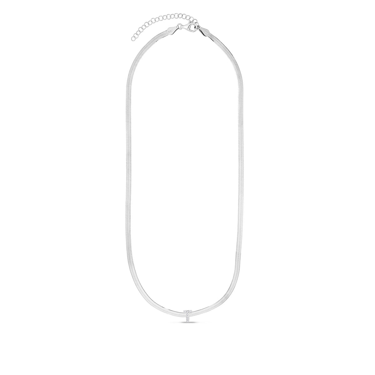 CZ Initial T Pendant on Herringbone Chain in Sterling Silver front view