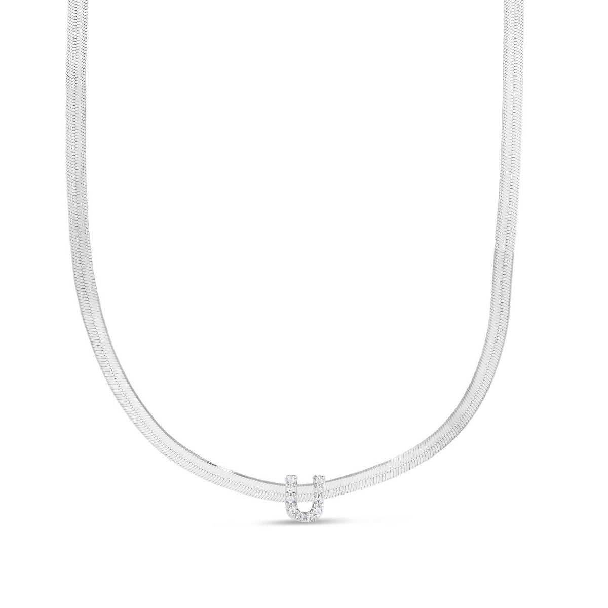 CZ Initial U Pendant on Herringbone Chain in Sterling Silver
