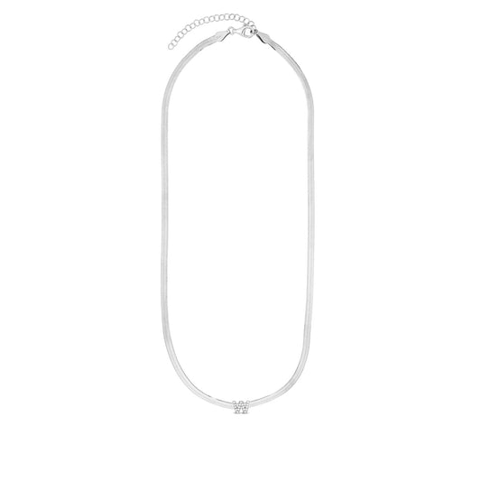 CZ Initial W Pendant on Herringbone Chain in Sterling Silver front view