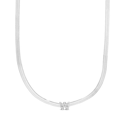 CZ Initial W Pendant on Herringbone Chain in Sterling Silver