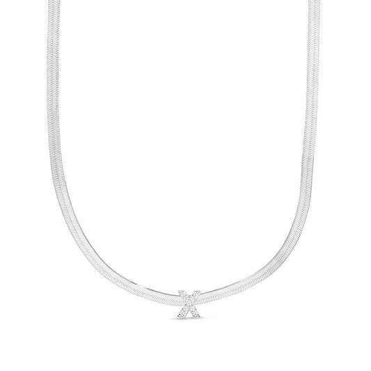 CZ Initial X Pendant on Herringbone Chain in Sterling Silver