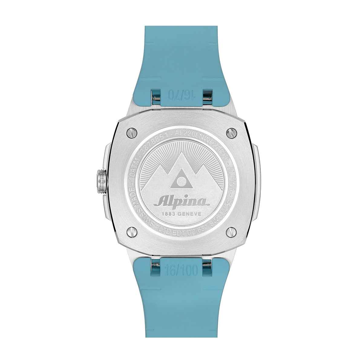 Alpina Ladies' Alpiner Extreme Quartz Stainless Steel Watch with Blue Dial & Rubber Strap close-up detail