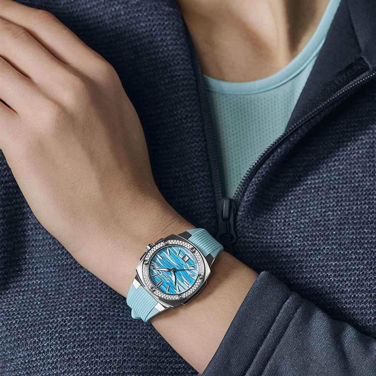 Alpina Ladies' Alpiner Extreme Quartz Stainless Steel Watch with Blue Dial & Rubber Strap side profile