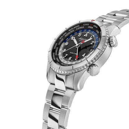 Alpina Men's Startimer Pilot Quartz Worldtimer Stainless Steel Watch with Black Dial front view