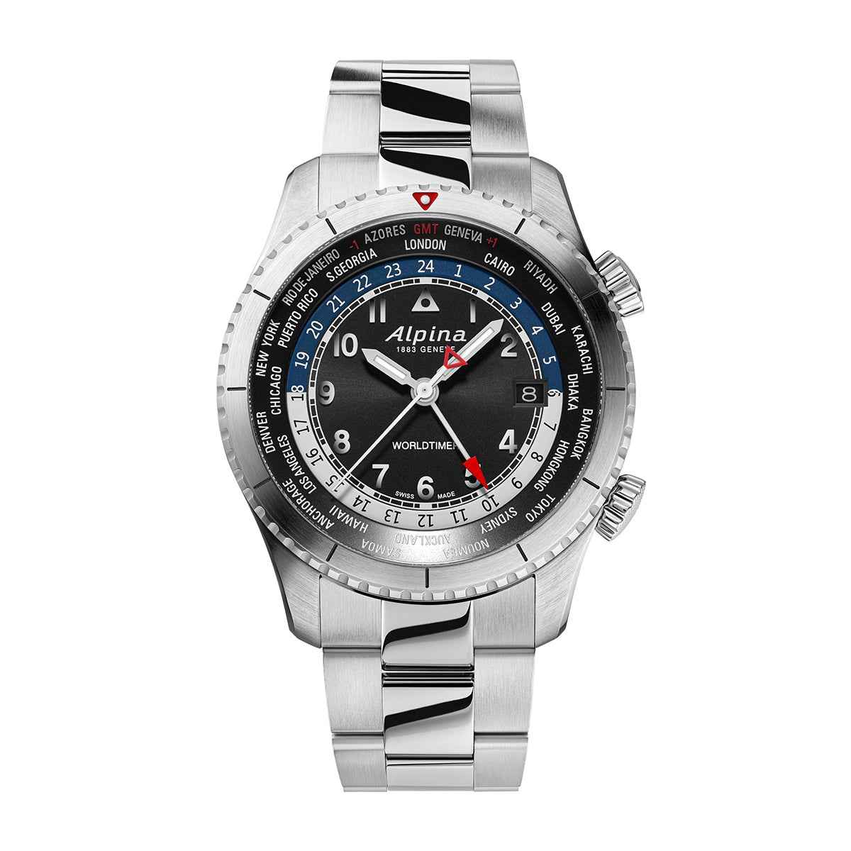 Alpina Men's Startimer Pilot Quartz Worldtimer Stainless Steel Watch with Black Dial
