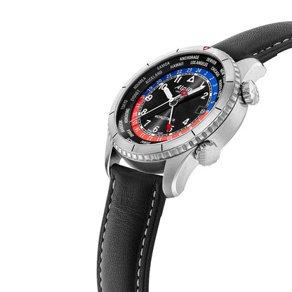 Alpina Men's Startimer Pilot Quartz Worldtimer Stainless Steel Watch with Black Dial & Leather Strap front view