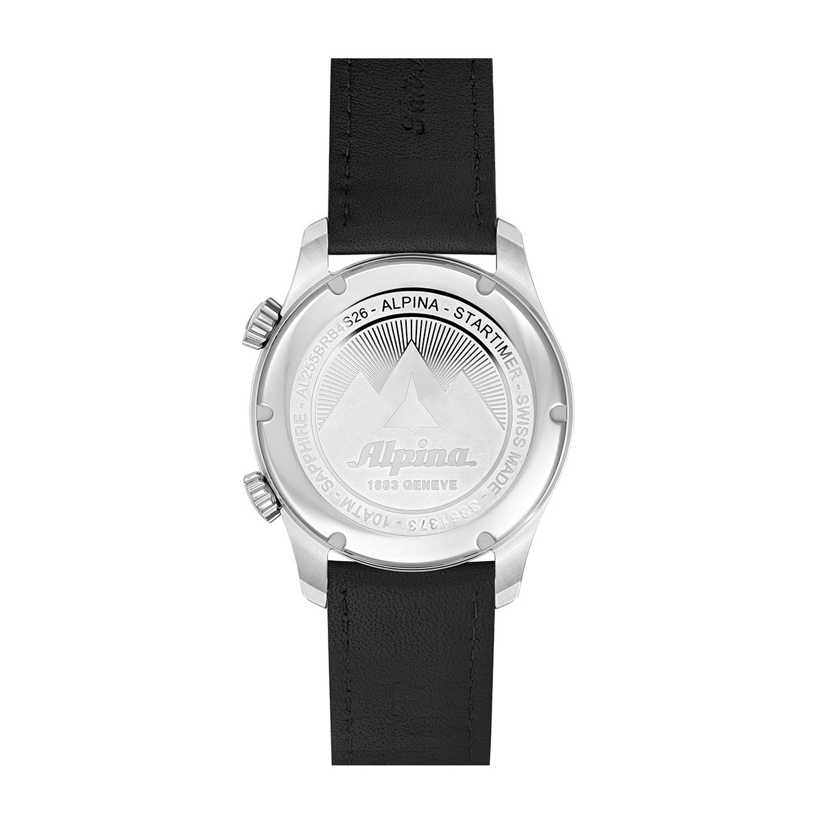 Alpina Men's Startimer Pilot Quartz Worldtimer Stainless Steel Watch with Black Dial & Leather Strap close-up detail