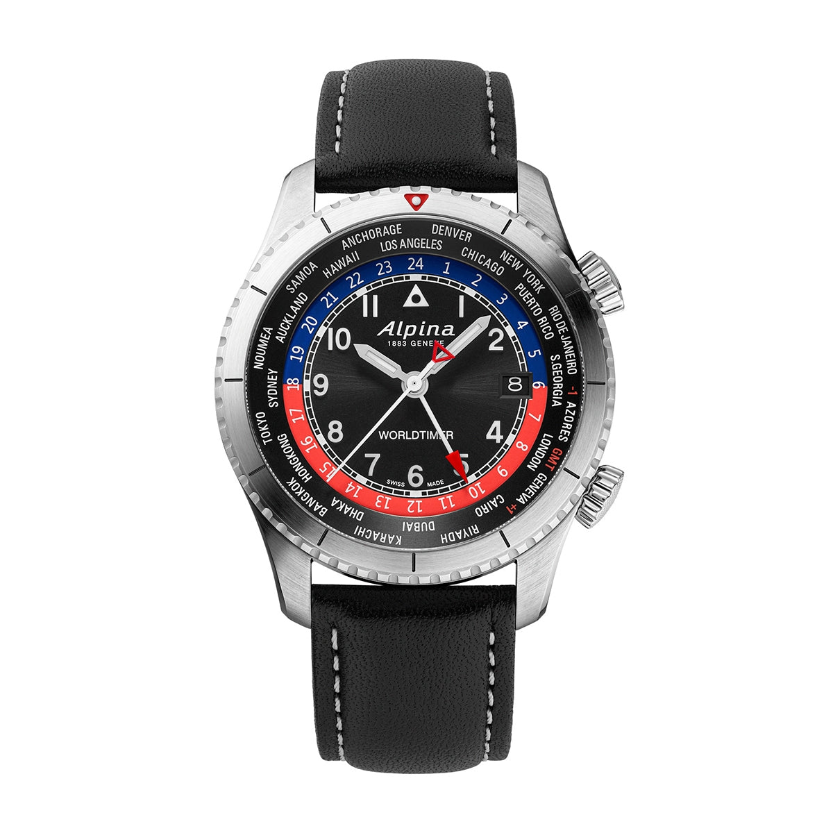 Alpina Men's Startimer Pilot Quartz Worldtimer Stainless Steel Watch with Black Dial & Leather Strap