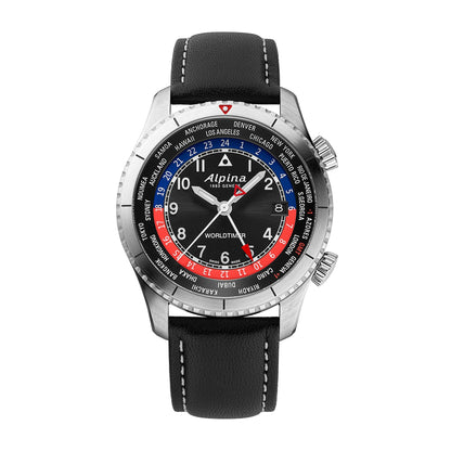 Alpina Men's Startimer Pilot Quartz Worldtimer Stainless Steel Watch with Black Dial & Leather Strap