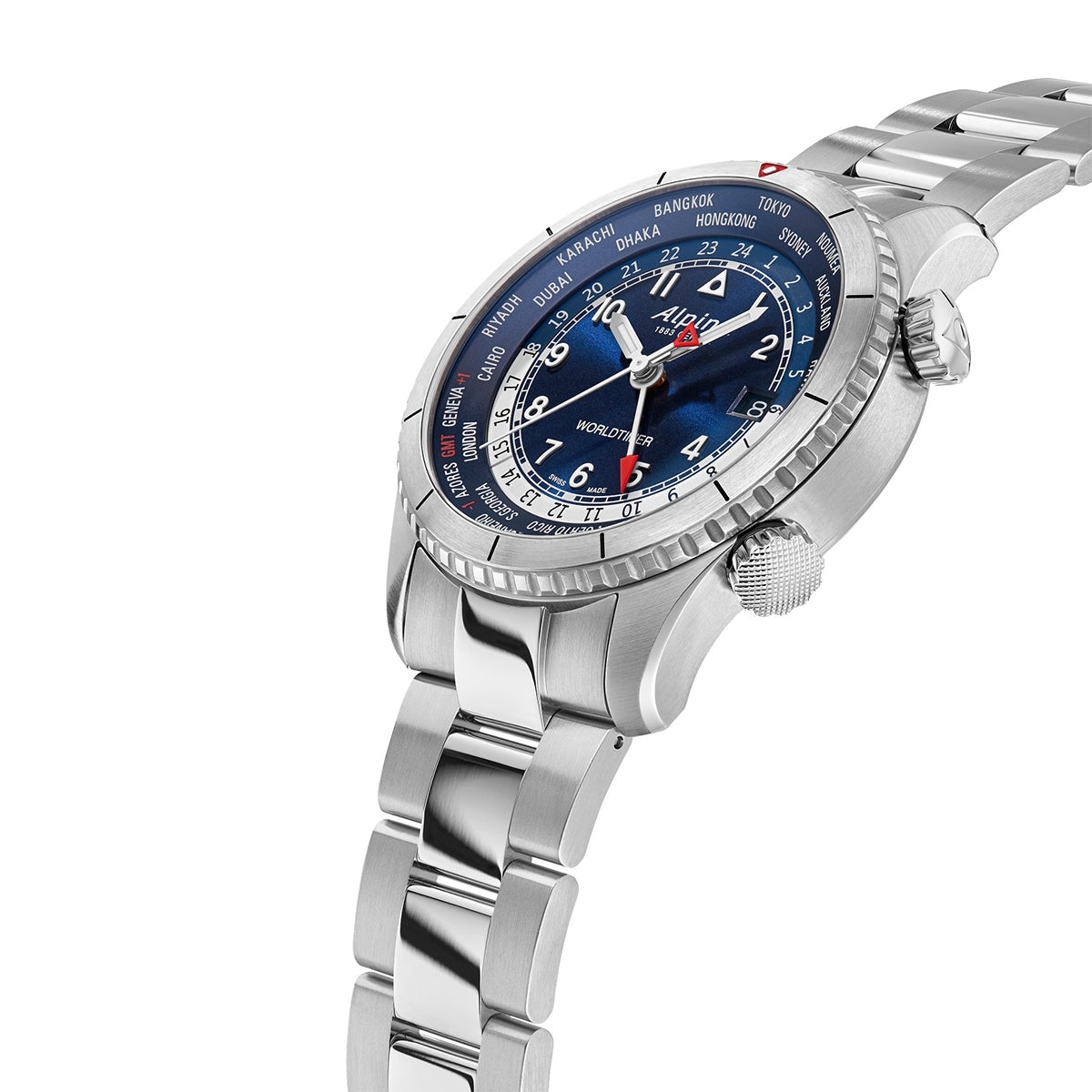 Alpina Men's Startimer Pilot Quartz Worldtimer Stainless Steel Watch with Blue Dial front view