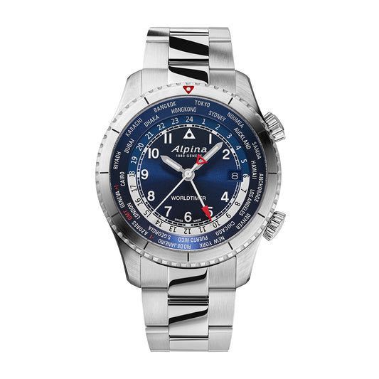 Alpina Men's Startimer Pilot Quartz Worldtimer Stainless Steel Watch with Blue Dial
