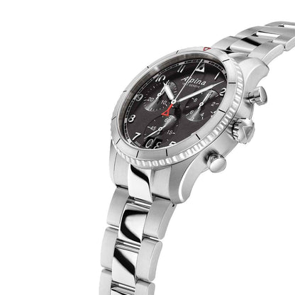 Alpina Men's Startimer Pilot Quartz Chronograph Stainless Steel Watch with Black Dial front view