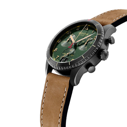 Alpina Men's Startimer Pilot Quartz Chronograph Stainless Steel Watch with Green Dial & Brown Leather Strap front view