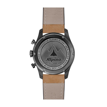 Alpina Men's Startimer Pilot Quartz Chronograph Stainless Steel Watch with Green Dial & Brown Leather Strap close-up detail