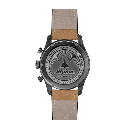 Alpina Men's Startimer Pilot Quartz Chronograph Stainless Steel Watch with Green Dial & Brown Leather Strap close-up detail