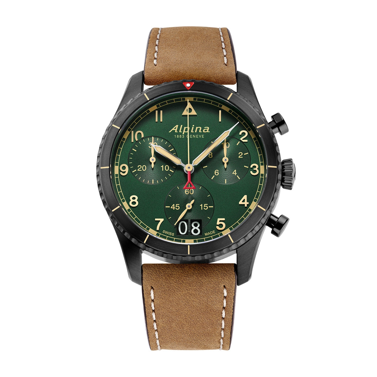 Alpina Men's Startimer Pilot Quartz Chronograph Stainless Steel Watch with Green Dial & Brown Leather Strap