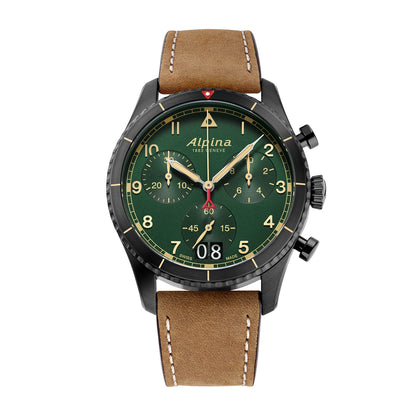 Alpina Men's Startimer Pilot Quartz Chronograph Stainless Steel Watch with Green Dial & Brown Leather Strap