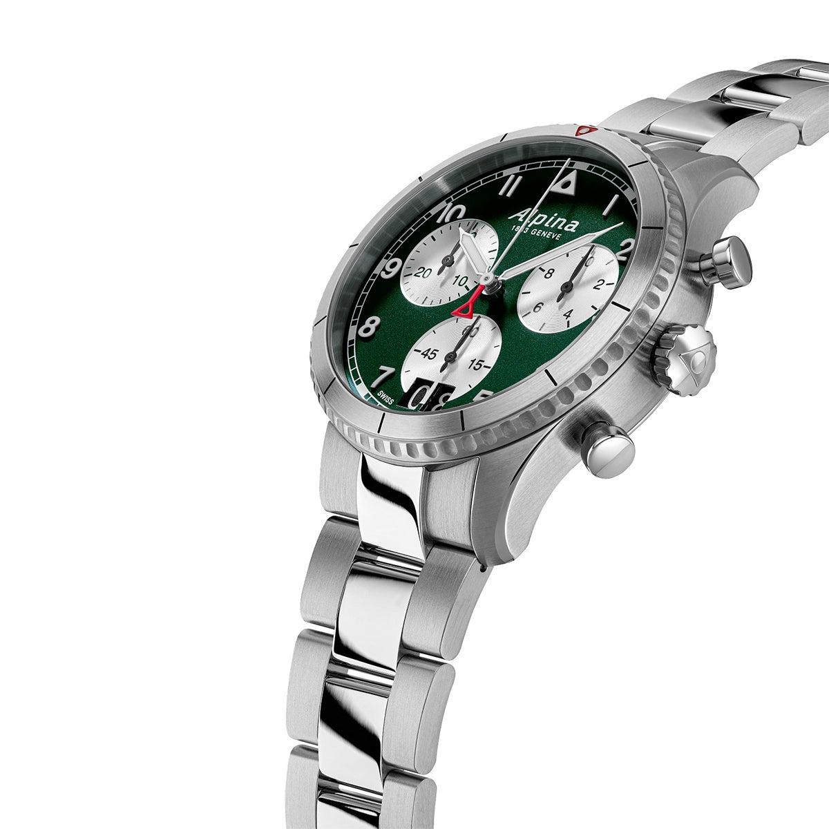 Alpina Men's Startimer Pilot Quartz Chronograph Stainless Steel Watch with Green Dial front view