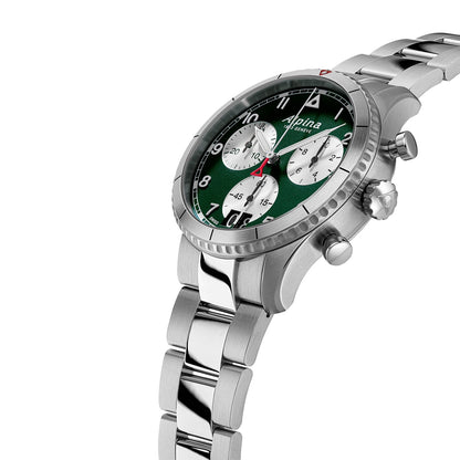 Alpina Men's Startimer Pilot Quartz Chronograph Stainless Steel Watch with Green Dial front view