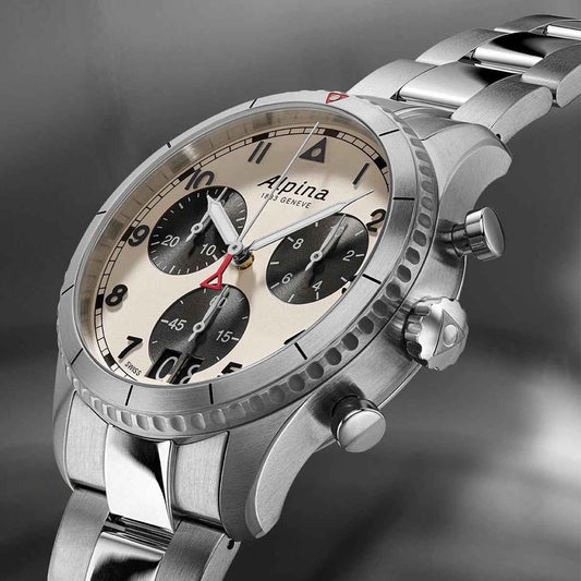 Alpina Men's Startimer Pilot Quartz Chronograph Stainless Steel Watch with Cream Dial side profile