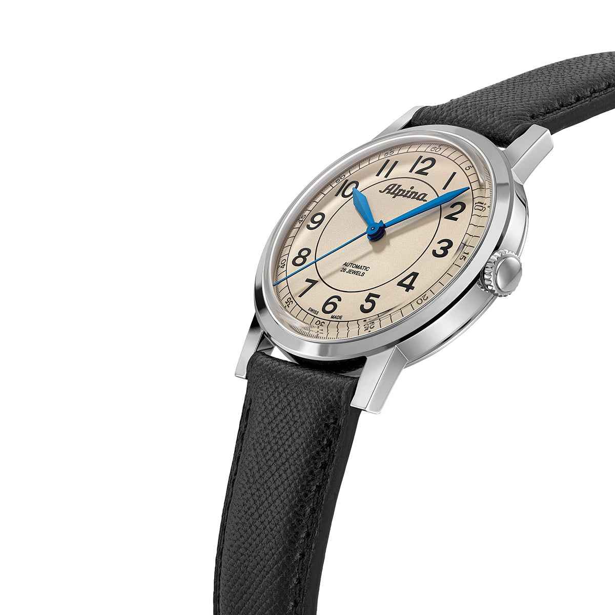 Alpina Heritage Automatic Stainless Steel Watch with Beige Dial & Black Leather Strap front view