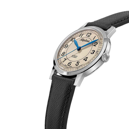 Alpina Heritage Automatic Stainless Steel Watch with Beige Dial & Black Leather Strap front view