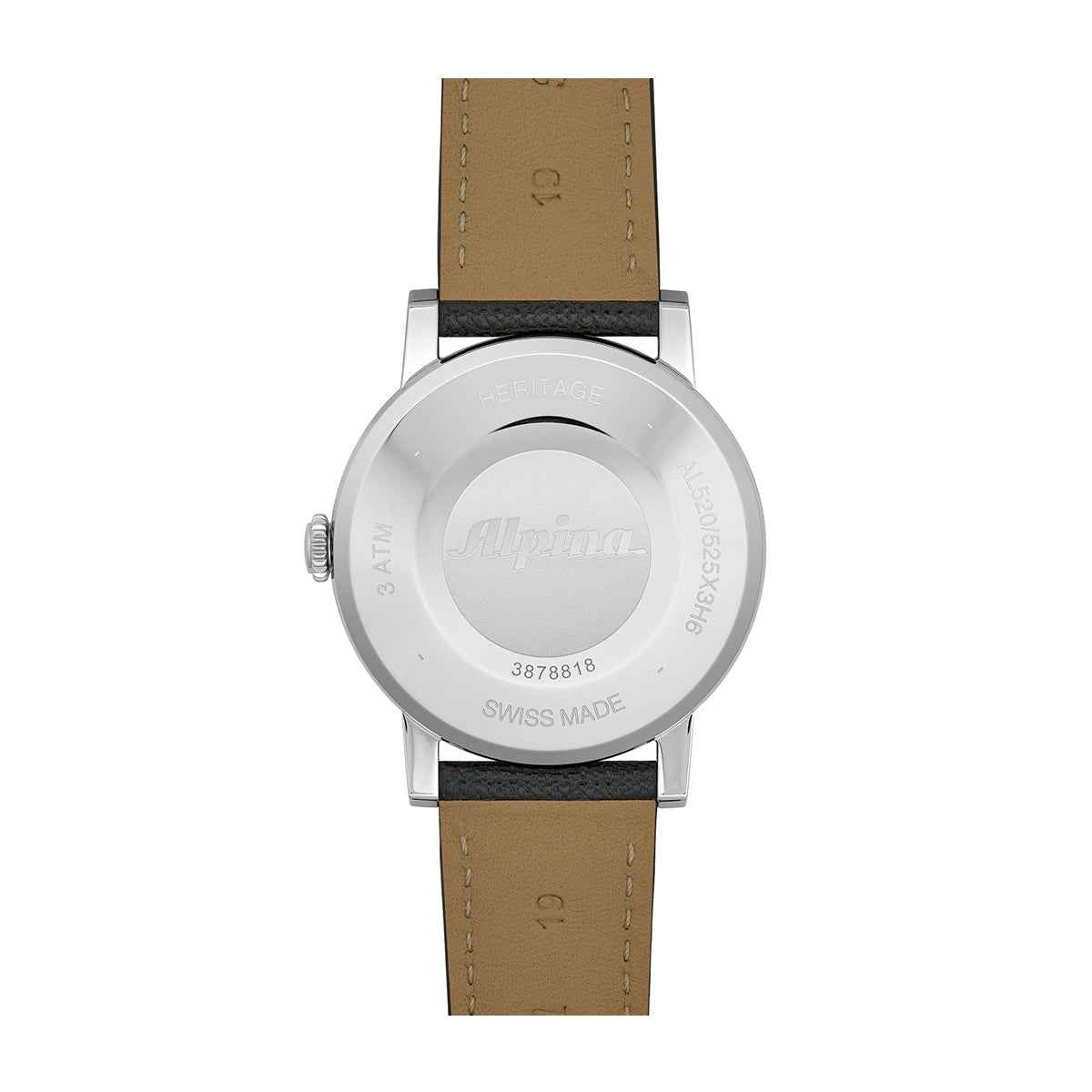 Alpina Heritage Automatic Stainless Steel Watch with Beige Dial & Black Leather Strap close-up detail