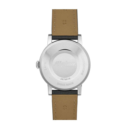 Alpina Heritage Automatic Stainless Steel Watch with Beige Dial & Black Leather Strap close-up detail