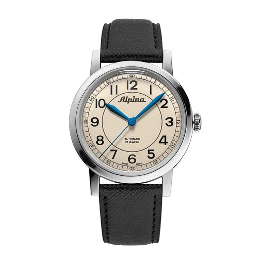 Alpina Heritage Automatic Stainless Steel Watch with Beige Dial & Black Leather Strap