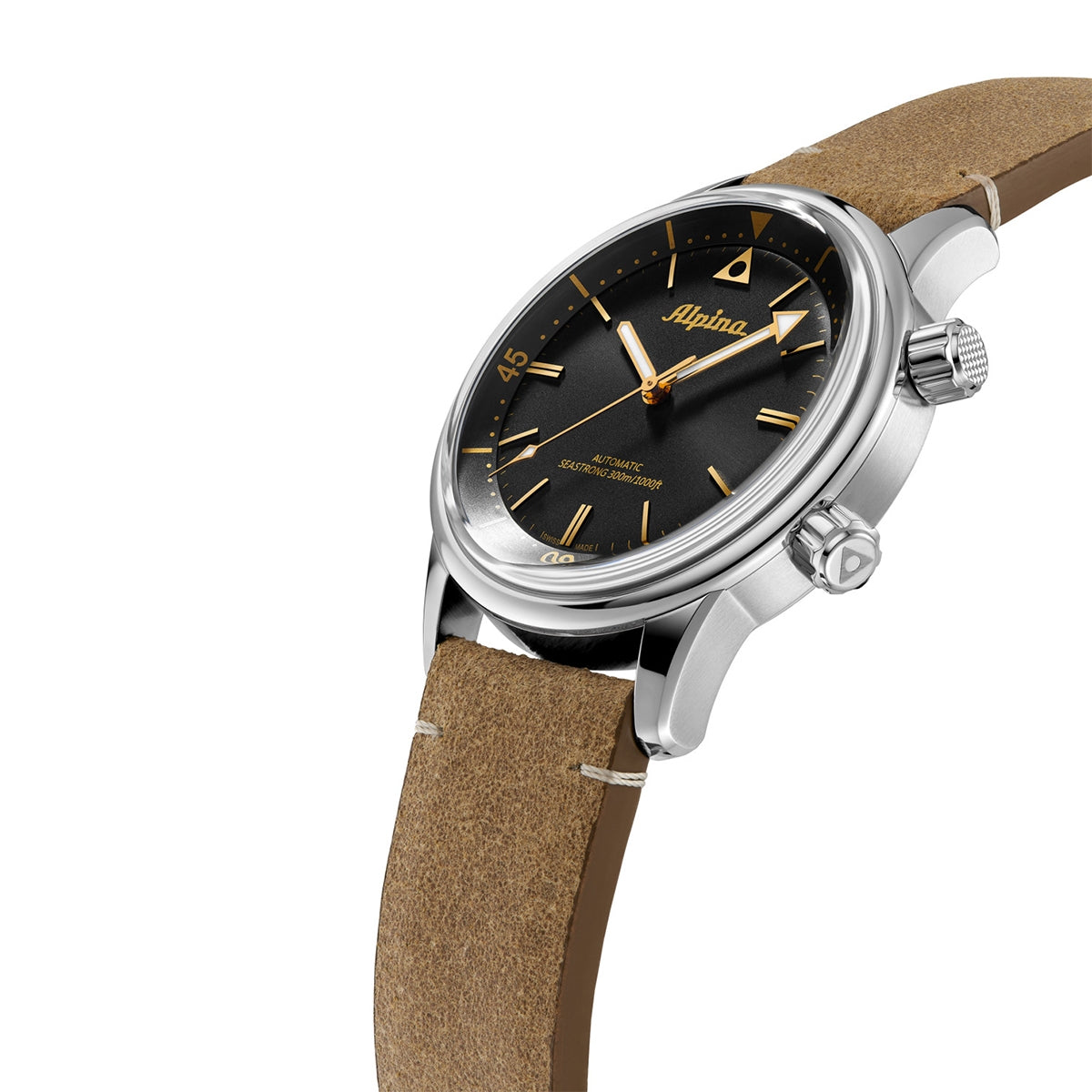Alpina Men's Heritage Diver 300 Automatic Stainless Steel Watch with Black Dial & Brown Leather Strap front view