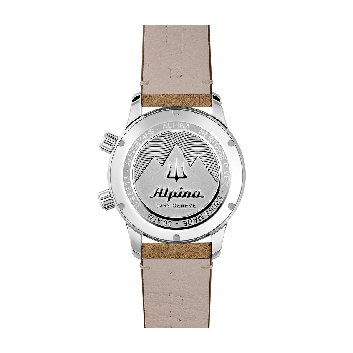 Alpina Men's Heritage Diver 300 Automatic Stainless Steel Watch with Black Dial & Brown Leather Strap close-up detail